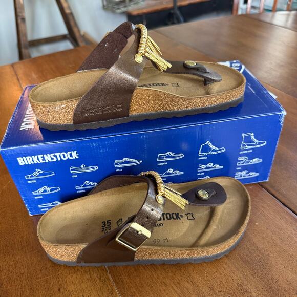 Birkenstock Gizeh Gold Metal Fringe Graceful Toffe US 4.5 EU35 Brown Birkoflor - Picture 2 of 12